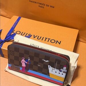 Authentic Louis Vuitton Brown Damier Canvas Zip Wallet, Multicolor Travel Motif